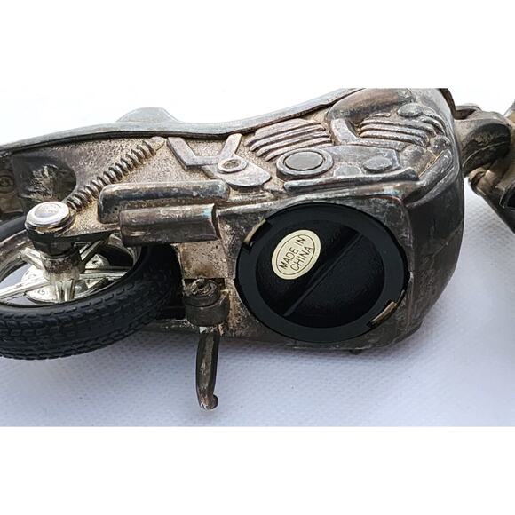NOVELTY COIN BANK-Pewter Motorcycle-Rubber Tires-Stands Up On Stand - Picture 9 of 12